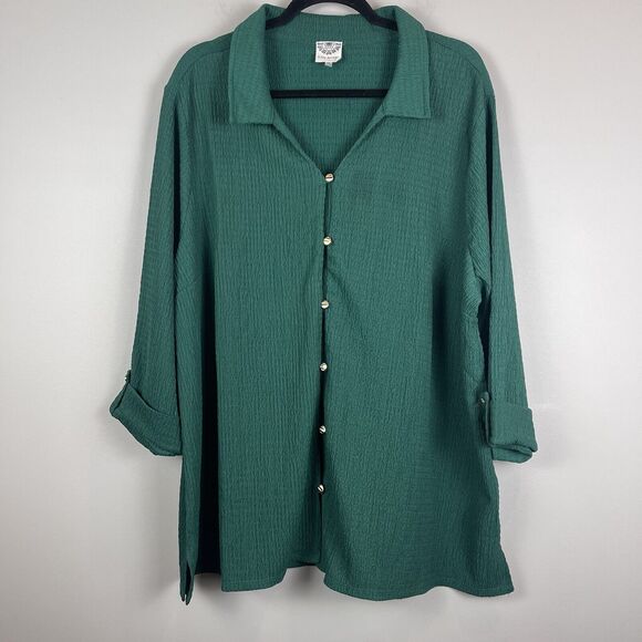 Late August Womens Top 2X Kelly Green Gauzy Blouse Button Up Roll Tab Lagenlook - Picture 1 of 8